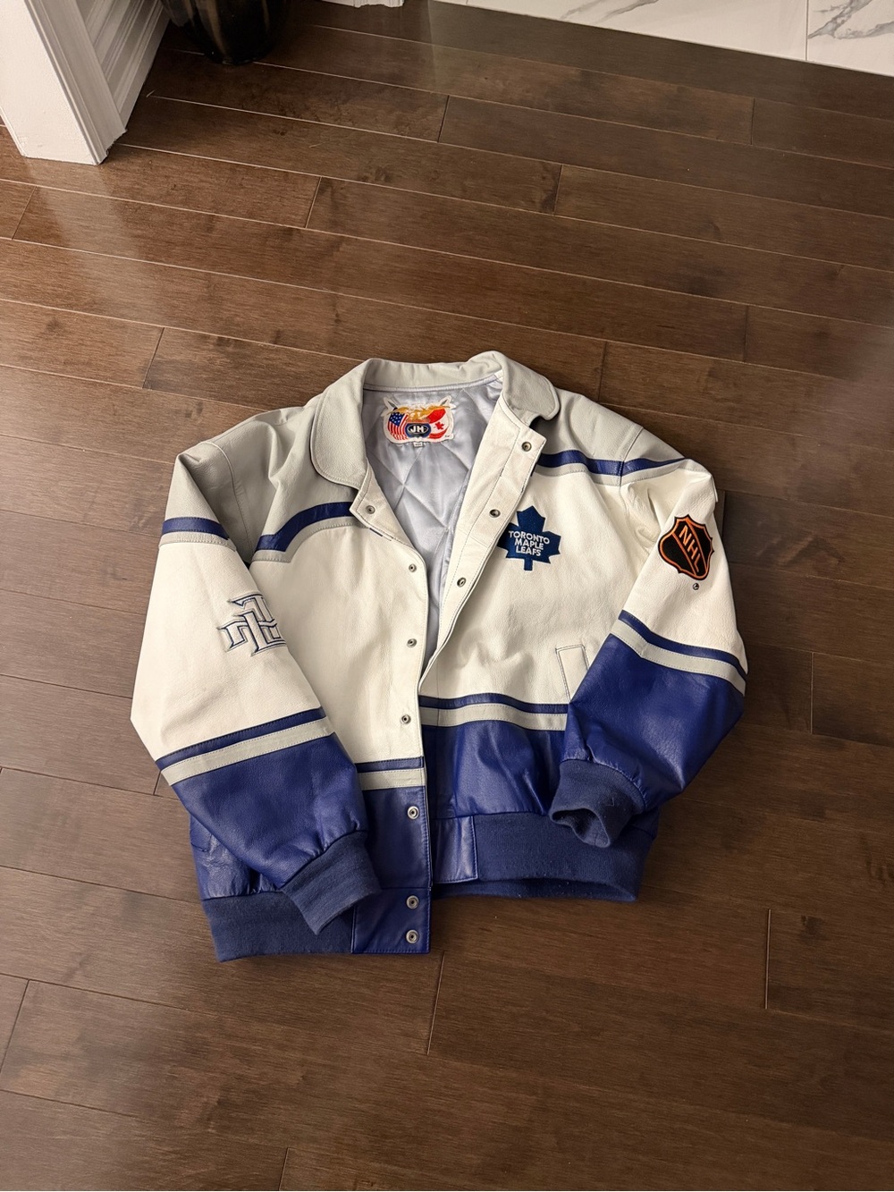 Toronto Maple Leafs Jeff Hamilton Blue & White Vintage Leather Bomber Jacket